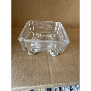 Vintage Glass Square Footed‎ Trinket Box Etched Design